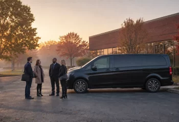 Four colleagues with day bags beside a passenger van outside a suburban office at dawn