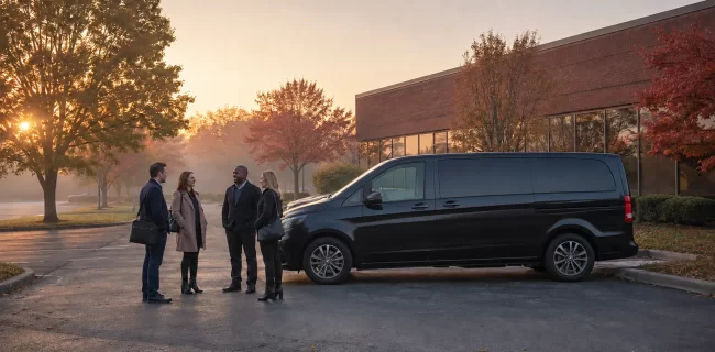 Four colleagues with day bags beside a passenger van outside a suburban office at dawn