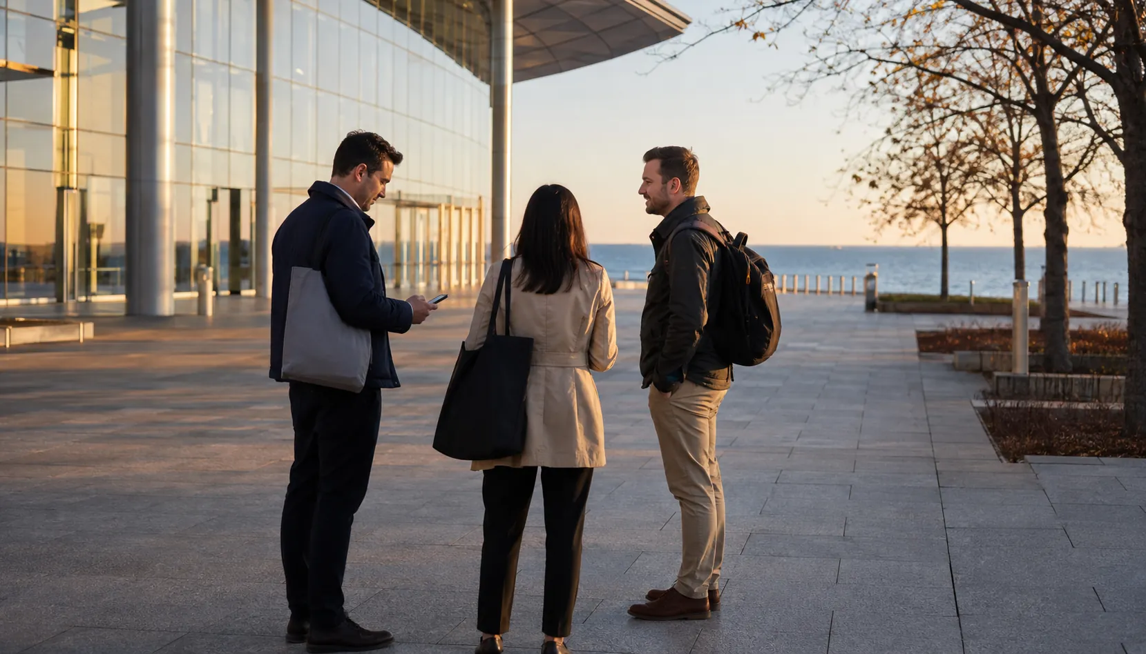 Three attendees with bags gathering on a lakefront convention plaza