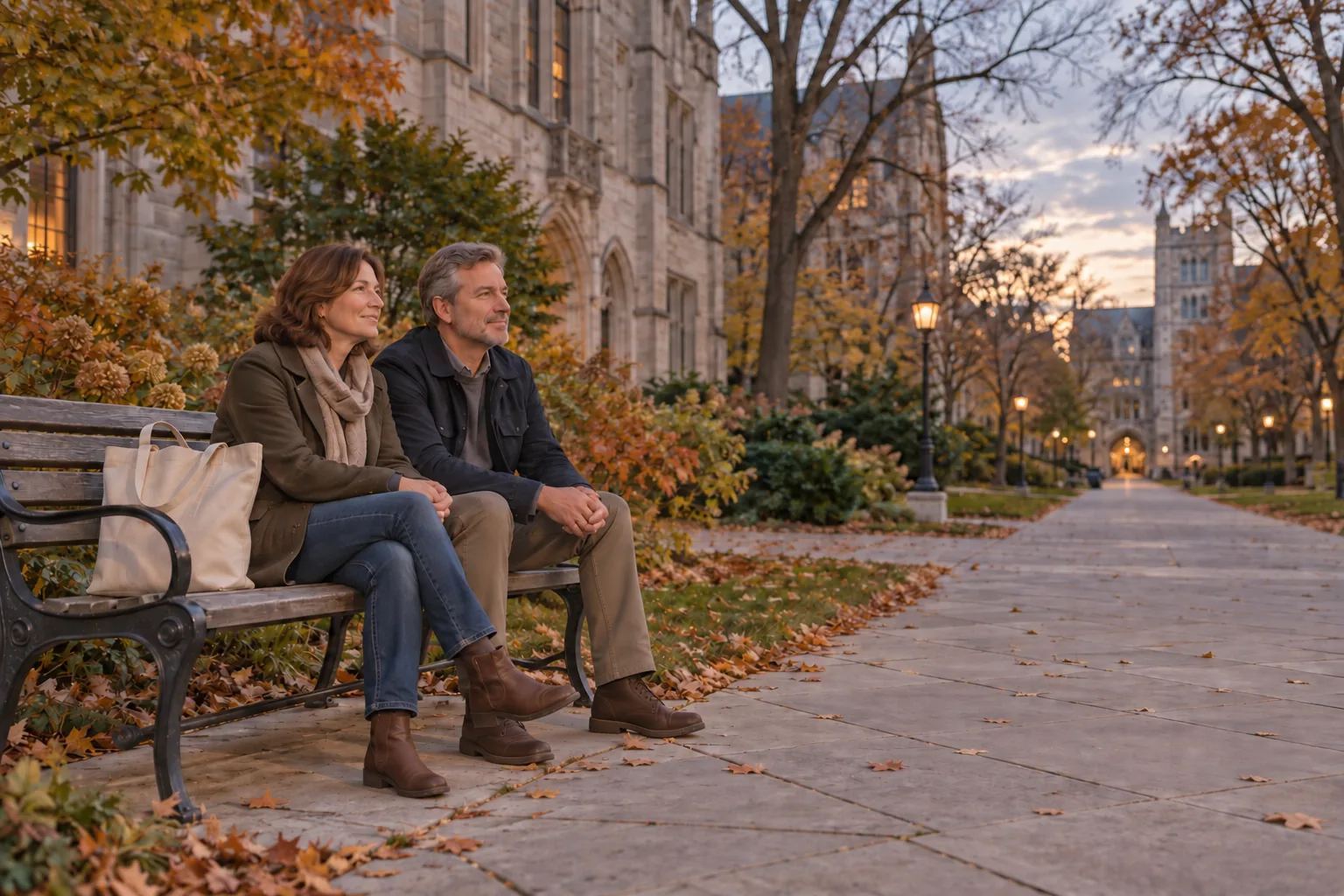 Two adults with a tote seated on a bench beside an autumn campus walkway
