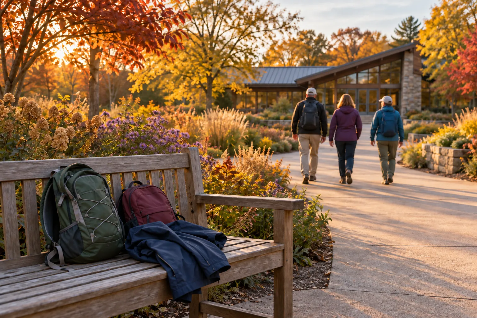 Two backpacks and a jacket on a bench as three adults walk toward a visitor building