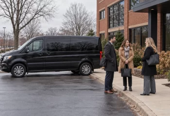 Three adults with work bags beside a dark passenger van and a brick suburban office