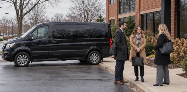 Three adults with work bags beside a dark passenger van and a brick suburban office