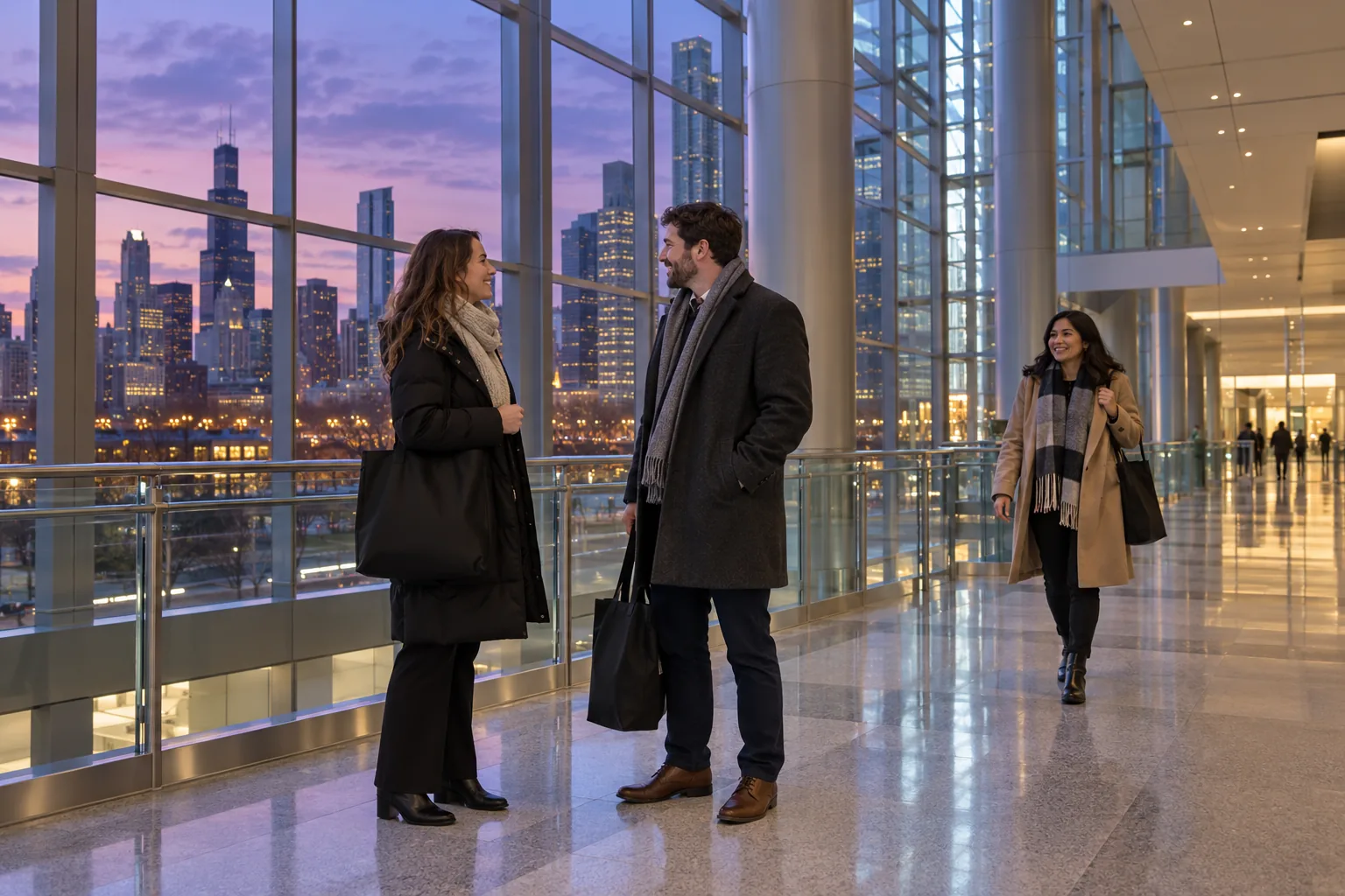 Three attendees with bags gathering in a glass concourse with Chicago buildings beyond the windows