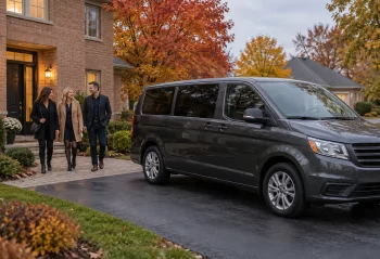 Three adults beside a suburban brick home with a dark passenger van in the driveway