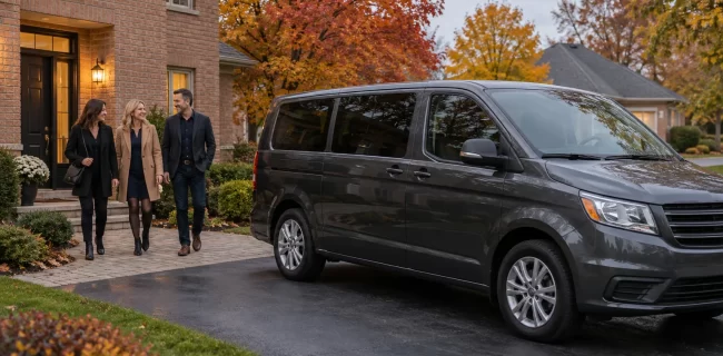 Three adults beside a suburban brick home with a dark passenger van in the driveway