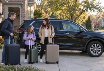 Two adults and a child with suitcases beside an SUV outside a suburban brick home