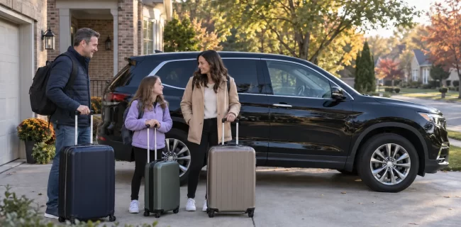 Two adults and a child with suitcases beside an SUV outside a suburban brick home