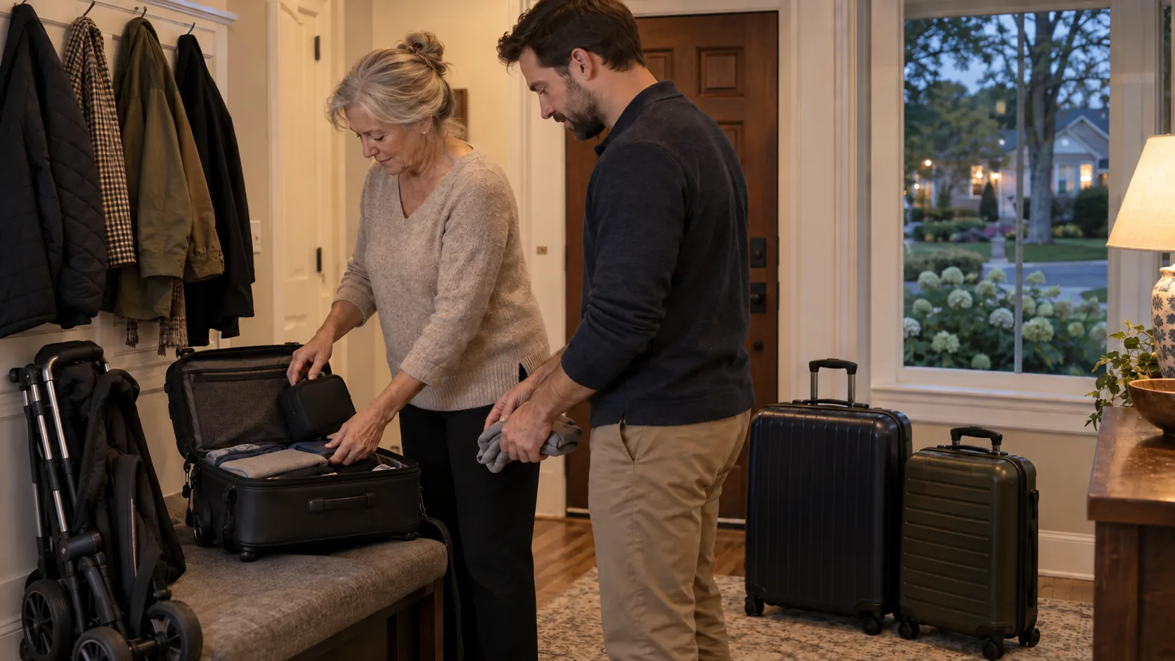 Two adults organize a carry-on beside a folded stroller and upright suitcases in a home entryway