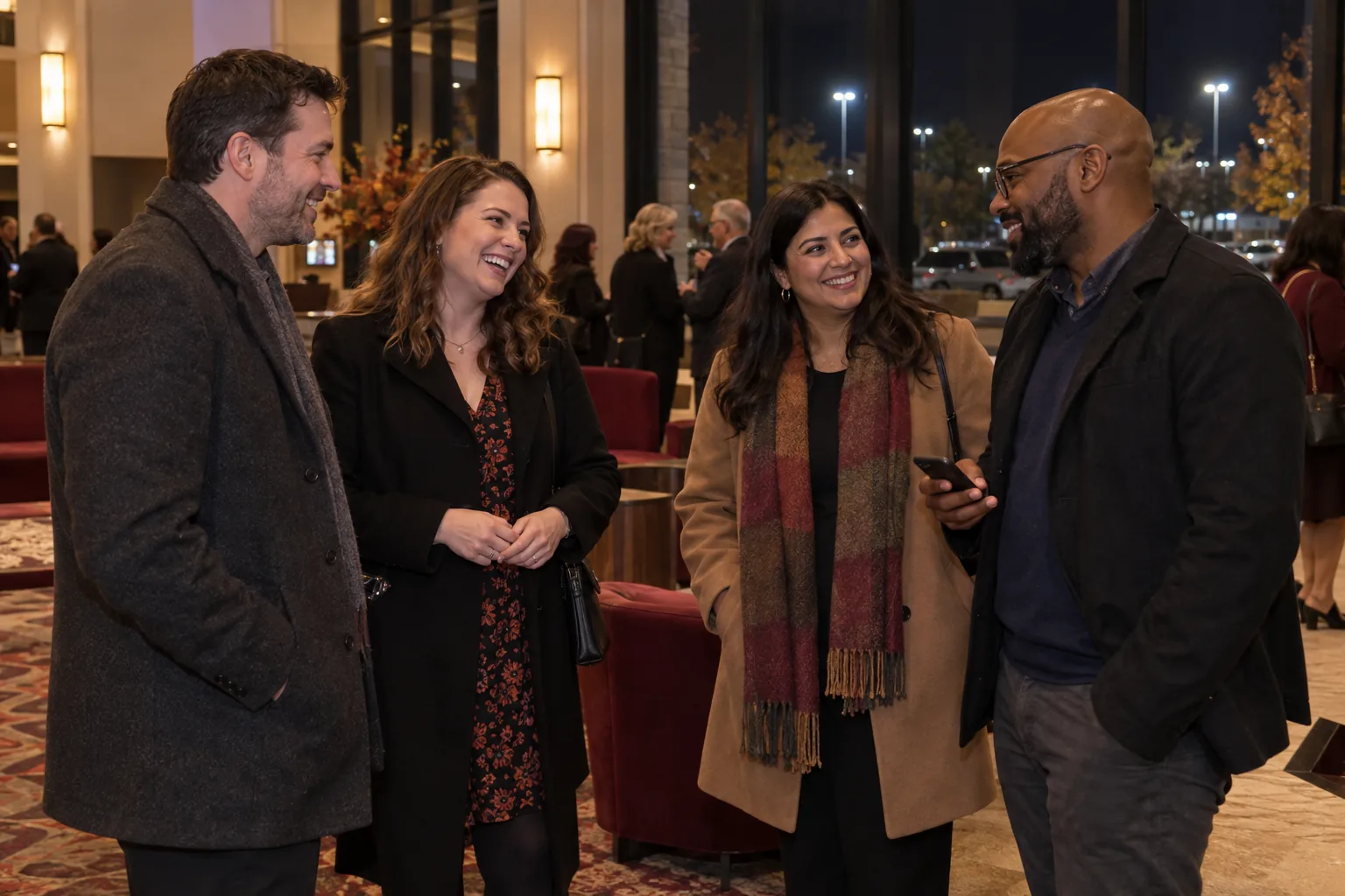 Four friends gathered in a theatre lobby at night with one holding a phone