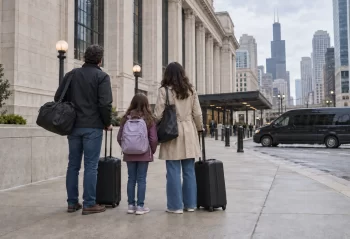 Two adults and a child with luggage outside Union Station, with a passenger van in the background.