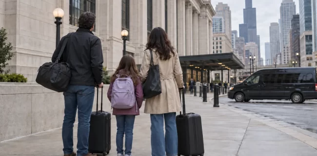 Two adults and a child with luggage outside Union Station, with a passenger van in the background.