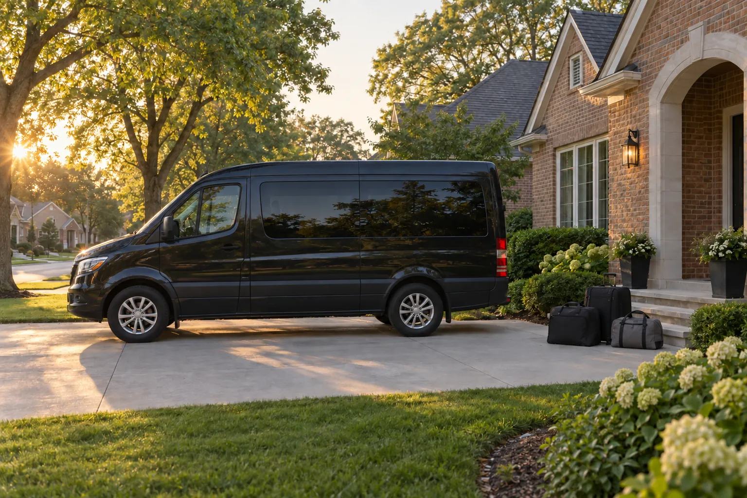 Dark passenger van in a brick home's driveway at sunrise, with three travel bags near the porch.