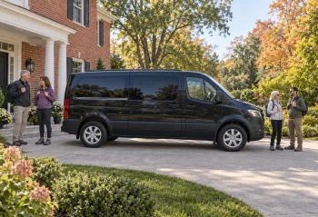 Four adults with daypacks beside a dark passenger van at a brick home