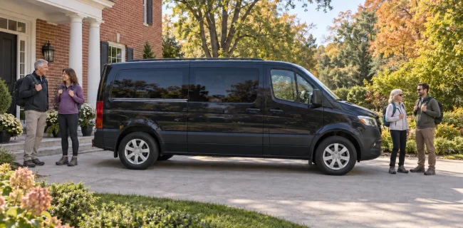Four adults with daypacks beside a dark passenger van at a brick home