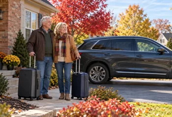 Older couple with two suitcases outside a suburban brick home near a charcoal SUV