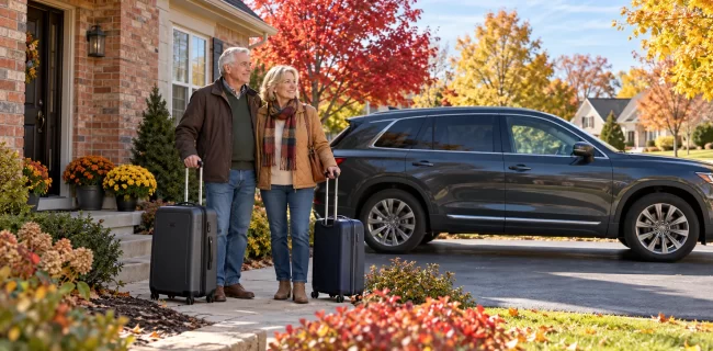 Older couple with two suitcases outside a suburban brick home near a charcoal SUV