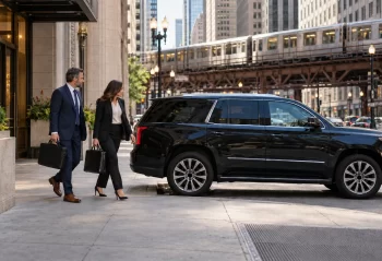 Two business travelers with briefcases beside a dark SUV near a Chicago elevated train