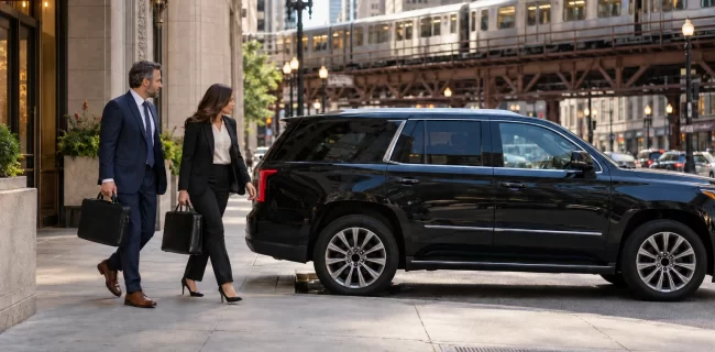 Two business travelers with briefcases beside a dark SUV near a Chicago elevated train