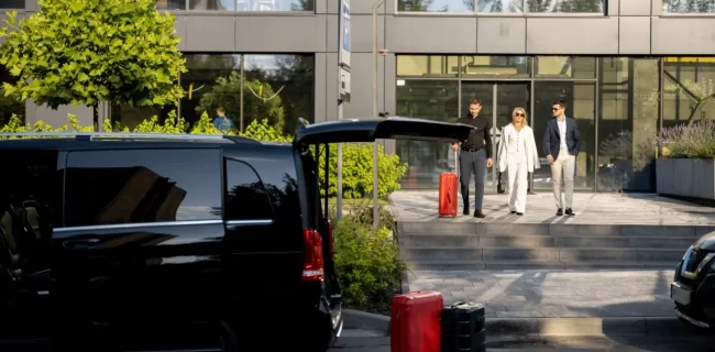 Three adults outside a glass-fronted building near a black van with luggage