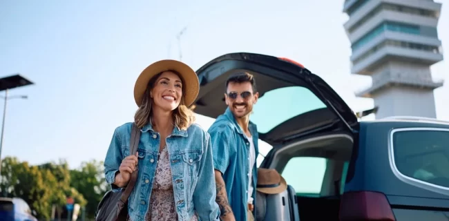 Two travelers with luggage beside a car at a generic airport