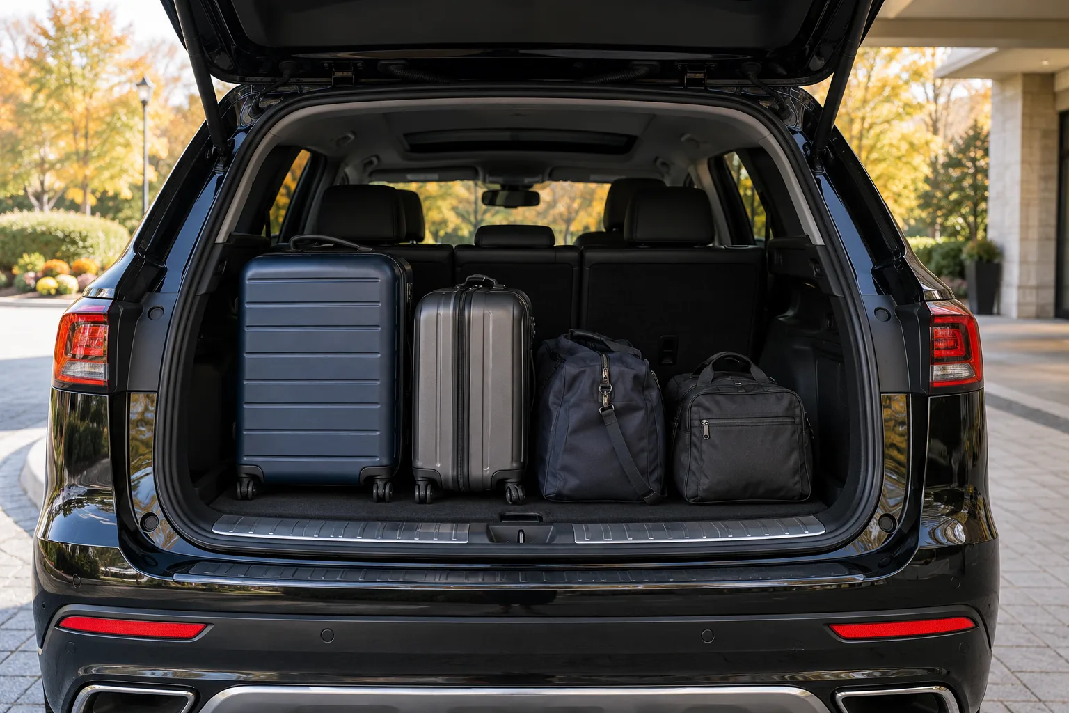 Two suitcases and two soft bags in the open rear compartment of a dark SUV