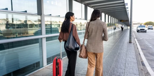 Two women walking beside glass terminal walls with a red rolling suitcase