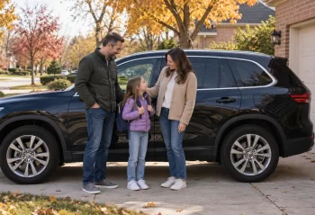 Two adults and a child with a day backpack beside a dark SUV in an autumn driveway