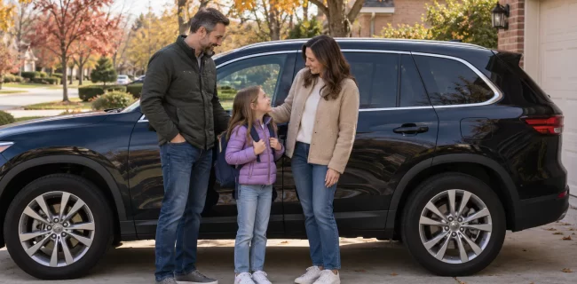 Two adults and a child with a day backpack beside a dark SUV in an autumn driveway