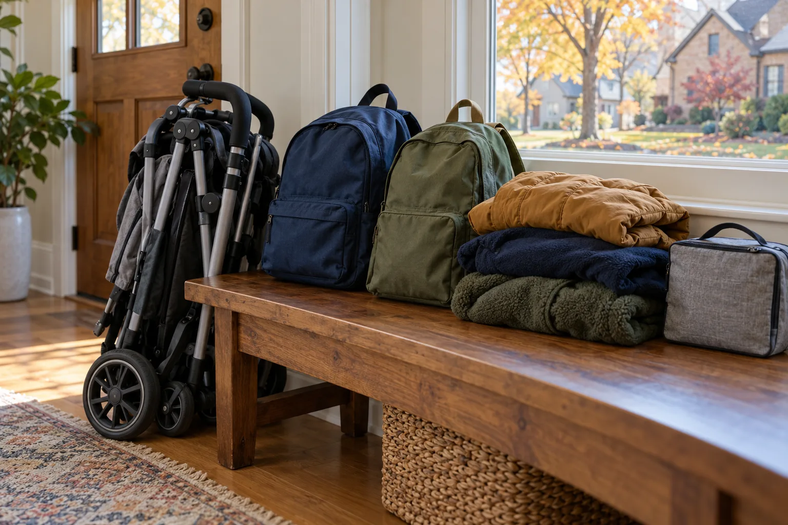 Folded stroller beside two backpacks, coats and a small bag near a suburban home entrance