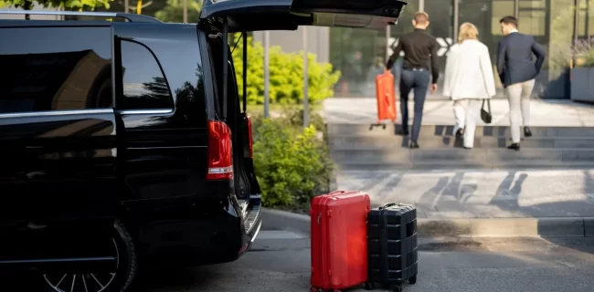 Travelers walking toward glass doors with rolling luggage beside a dark van