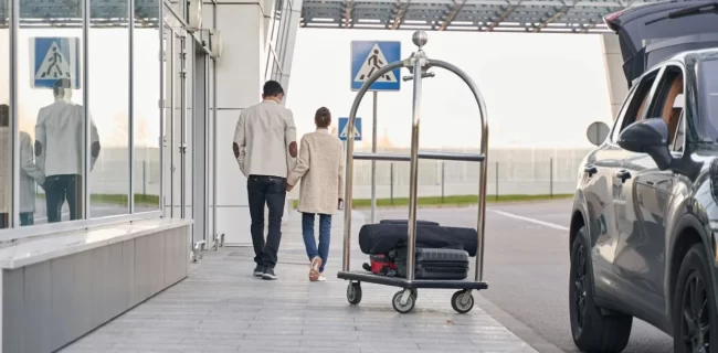 Two travelers walking beside a terminal with a loaded luggage trolley and a dark SUV nearby