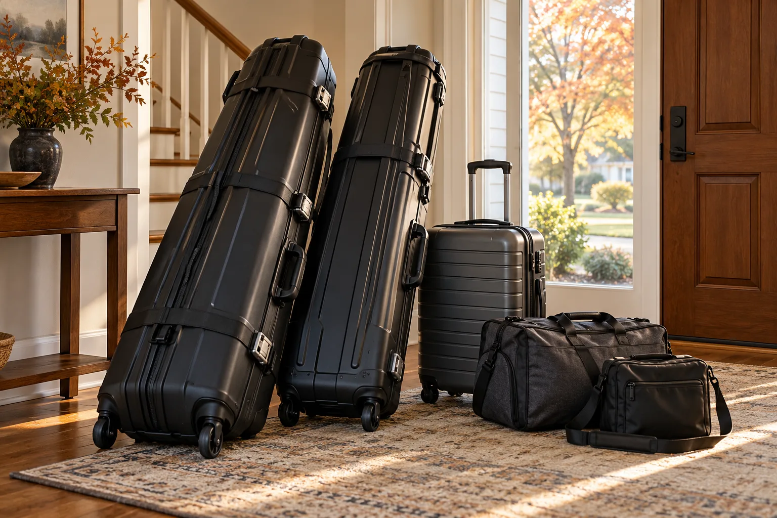 Two long hard golf travel cases with a suitcase and two shoulder bags in a home entryway