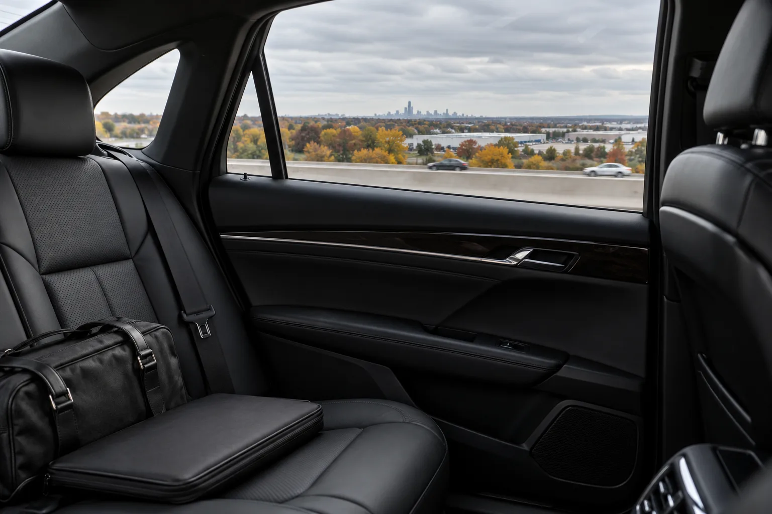 Laptop sleeve and overnight bag on a black leather car seat with a highway view