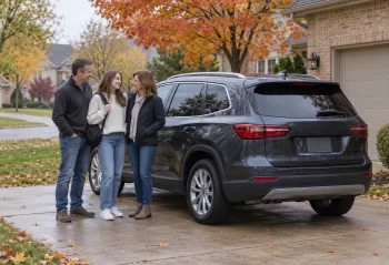 Three travelers beside a dark SUV in an autumn suburban driveway