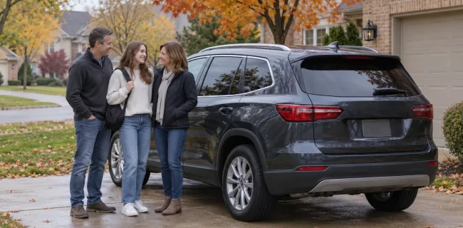 Three travelers beside a dark SUV in an autumn suburban driveway