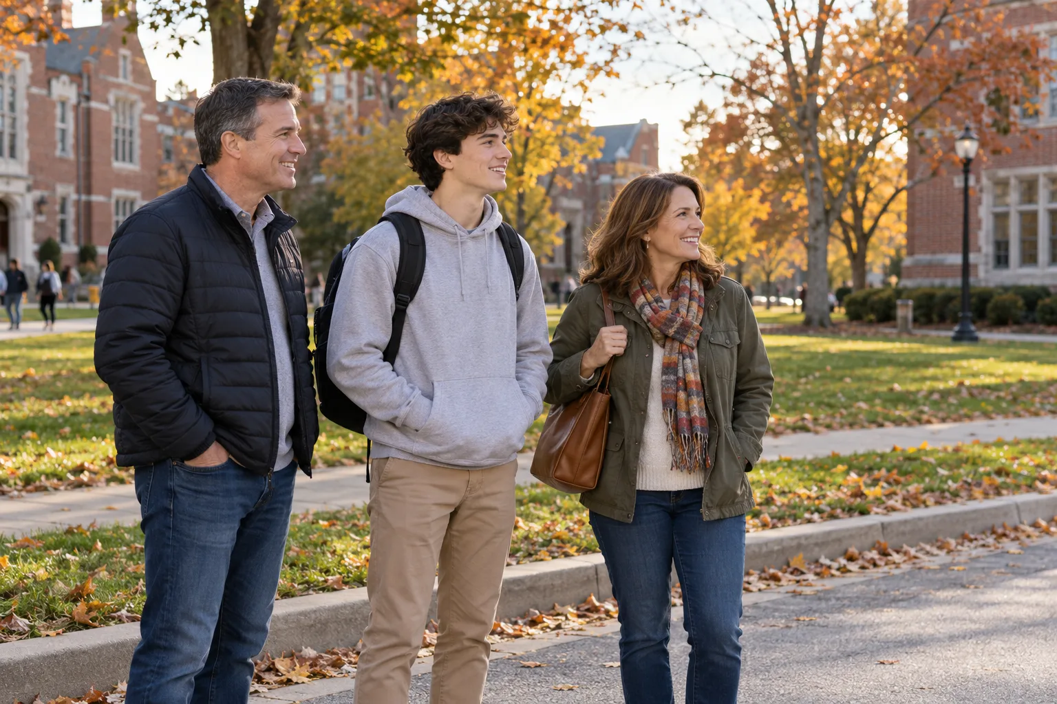 Three travelers with a backpack gathered beside a campus lawn in autumn