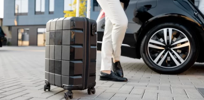 A rolling suitcase beside a traveler in light trousers and a black car outside a building