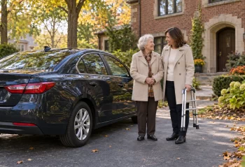 Older adult and companion holding a folded walker beside a dark sedan in an autumn driveway