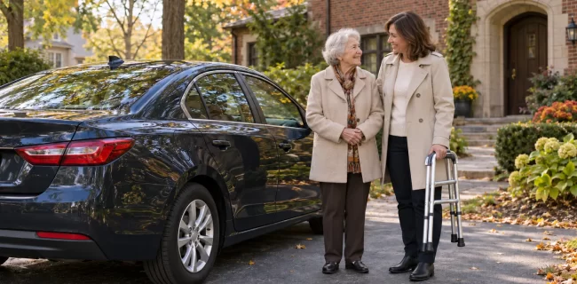 Older adult and companion holding a folded walker beside a dark sedan in an autumn driveway