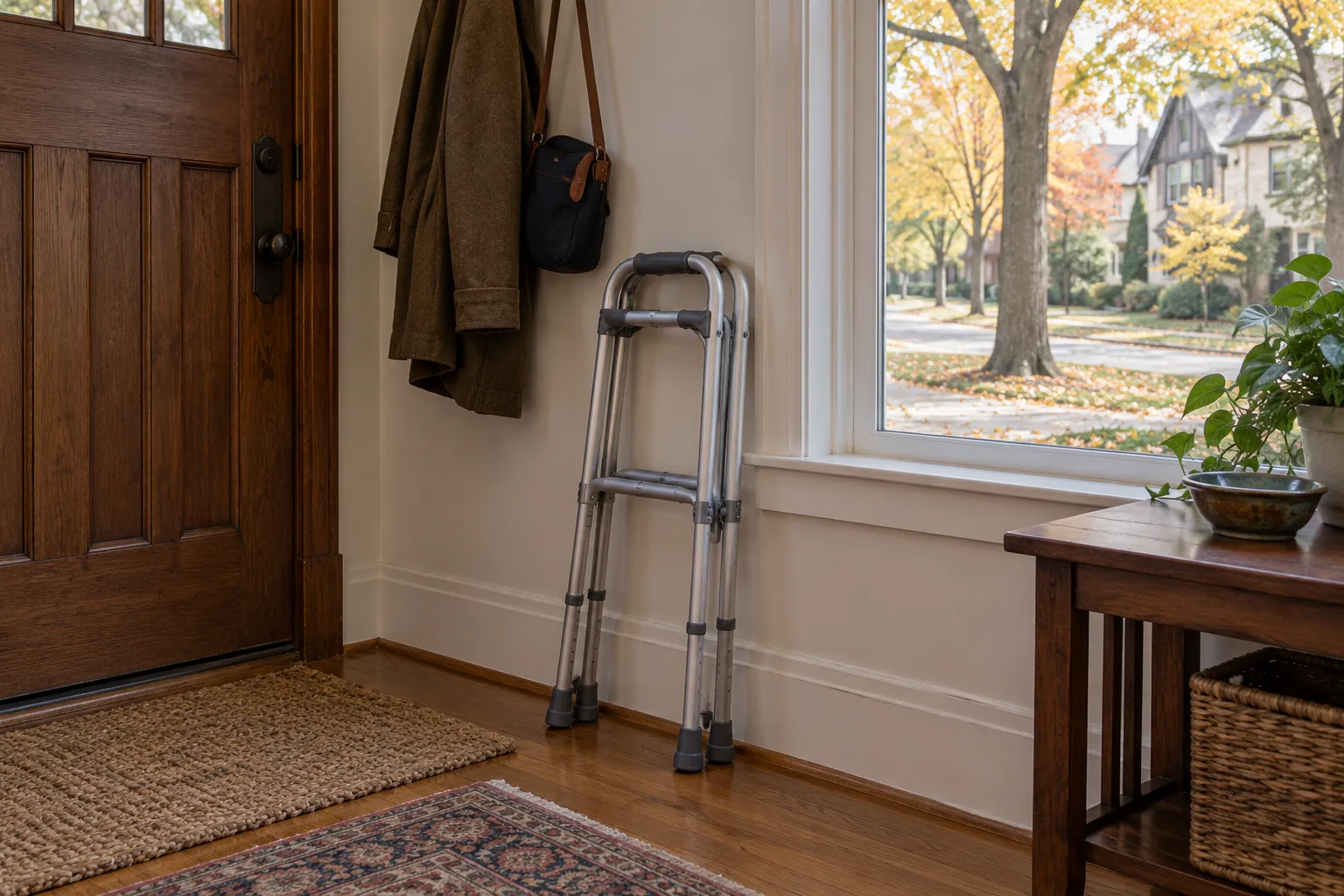 Folded aluminum walker beside a coat and small bag in a suburban home entryway