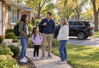 Adults and a child gathered with day bags outside a brick suburban home near a dark SUV