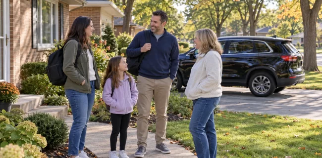 Adults and a child gathered with day bags outside a brick suburban home near a dark SUV