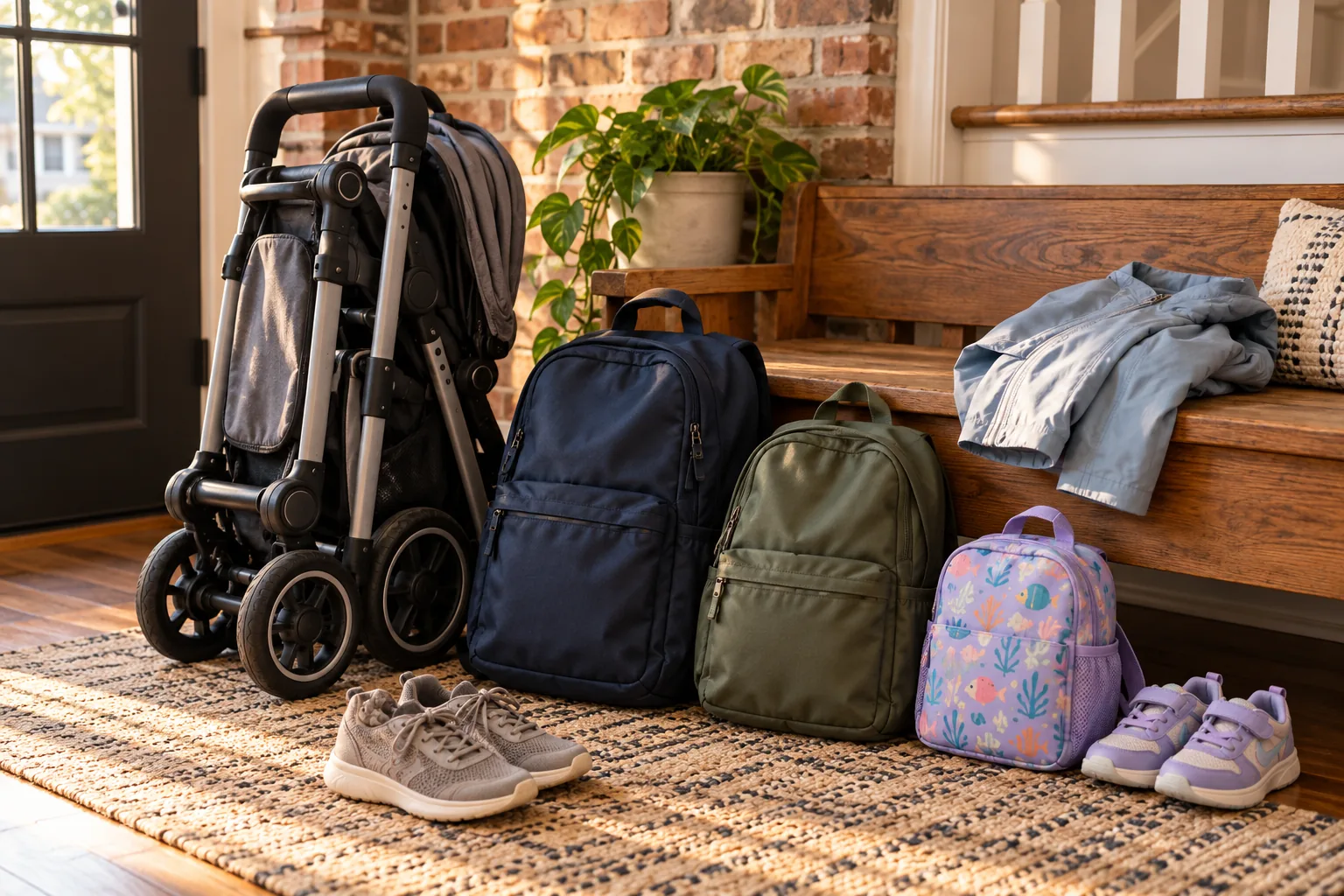 Folded stroller and day bags arranged beside a wooden bench in a home entryway