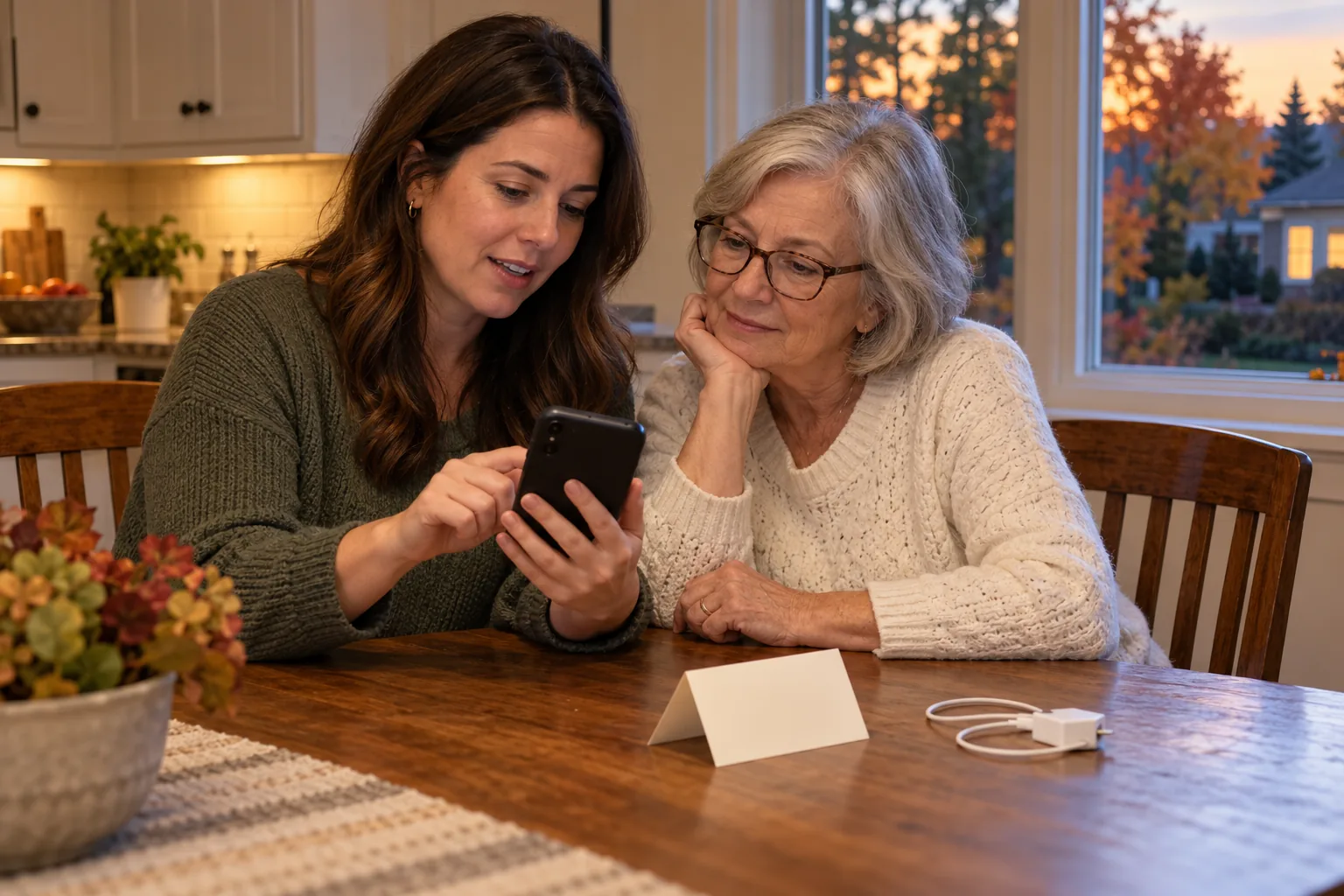 Adult daughter and older mother reviewing a phone together at a kitchen table