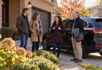 Adults with jackets and daypacks gathering beside an SUV at a brick suburban home