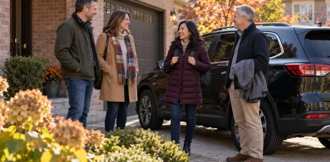Adults with jackets and daypacks gathering beside an SUV at a brick suburban home