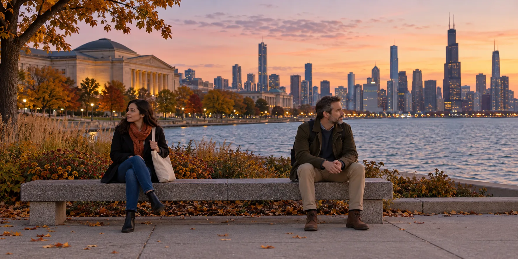 Two adults with a tote beside a lakefront path with the Chicago skyline in the distance