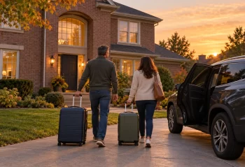 Two adults with rolling suitcases walking toward a suburban brick home beside a dark SUV