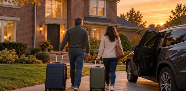 Two adults with rolling suitcases walking toward a suburban brick home beside a dark SUV